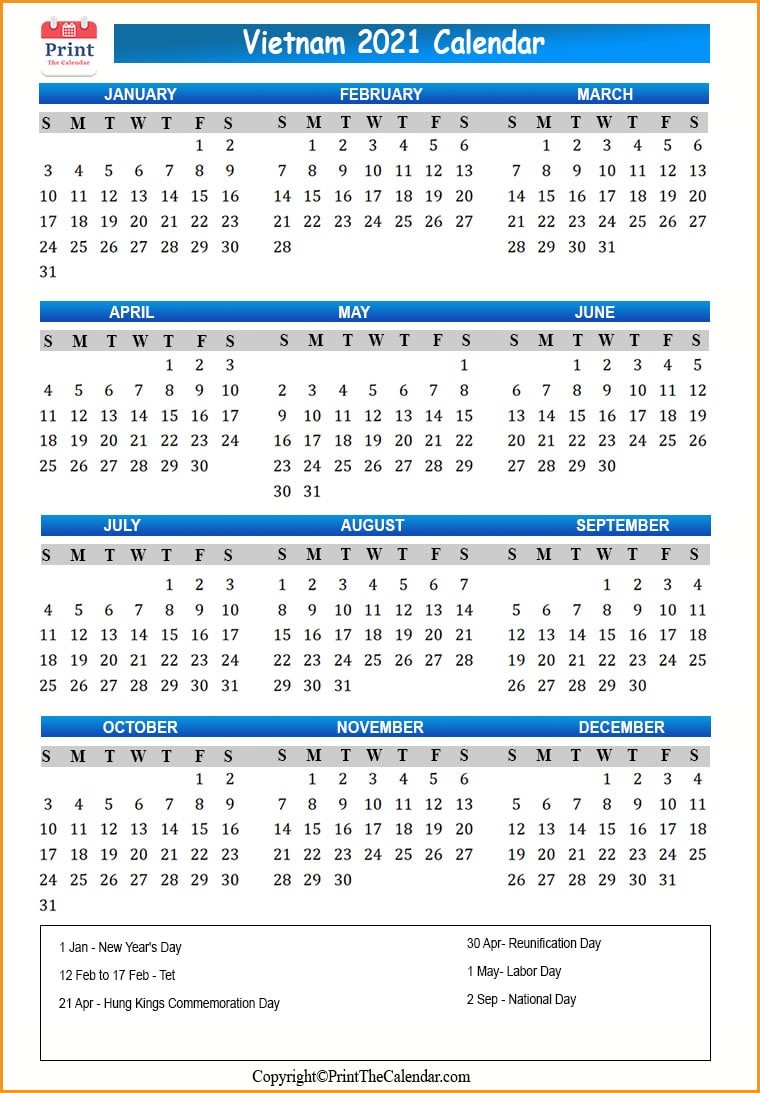 Vietnam Calendar 2021